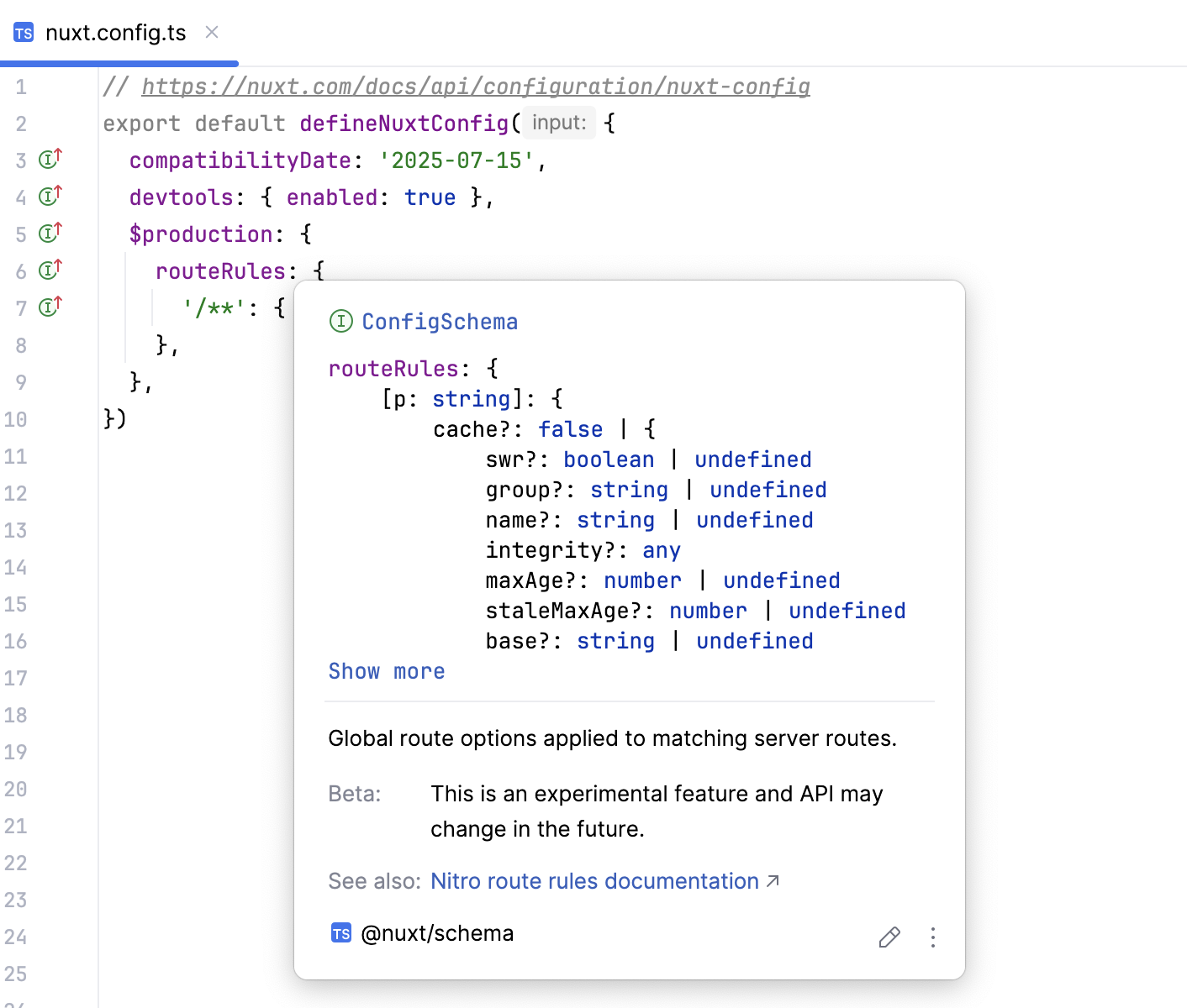 Quick documentation popup in nuxt.config.ts