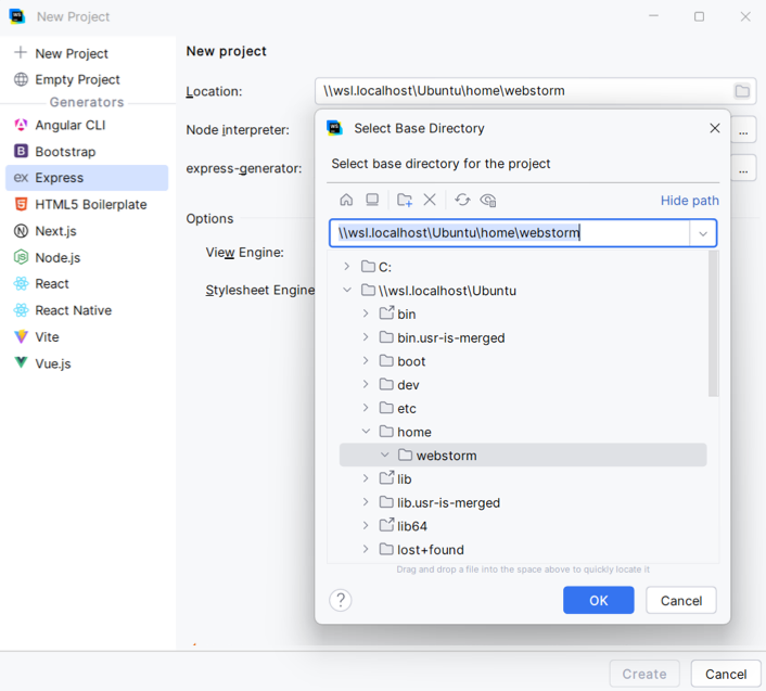 Select project location in WSL