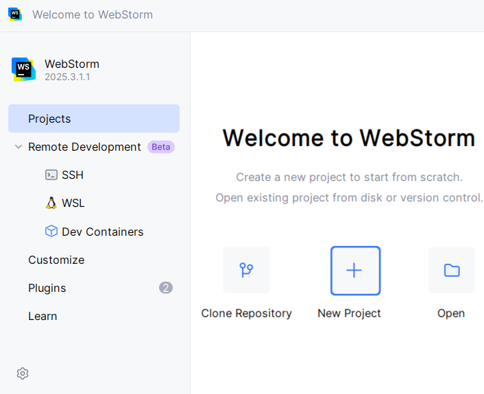 Create a project in WSL: Welcome screen