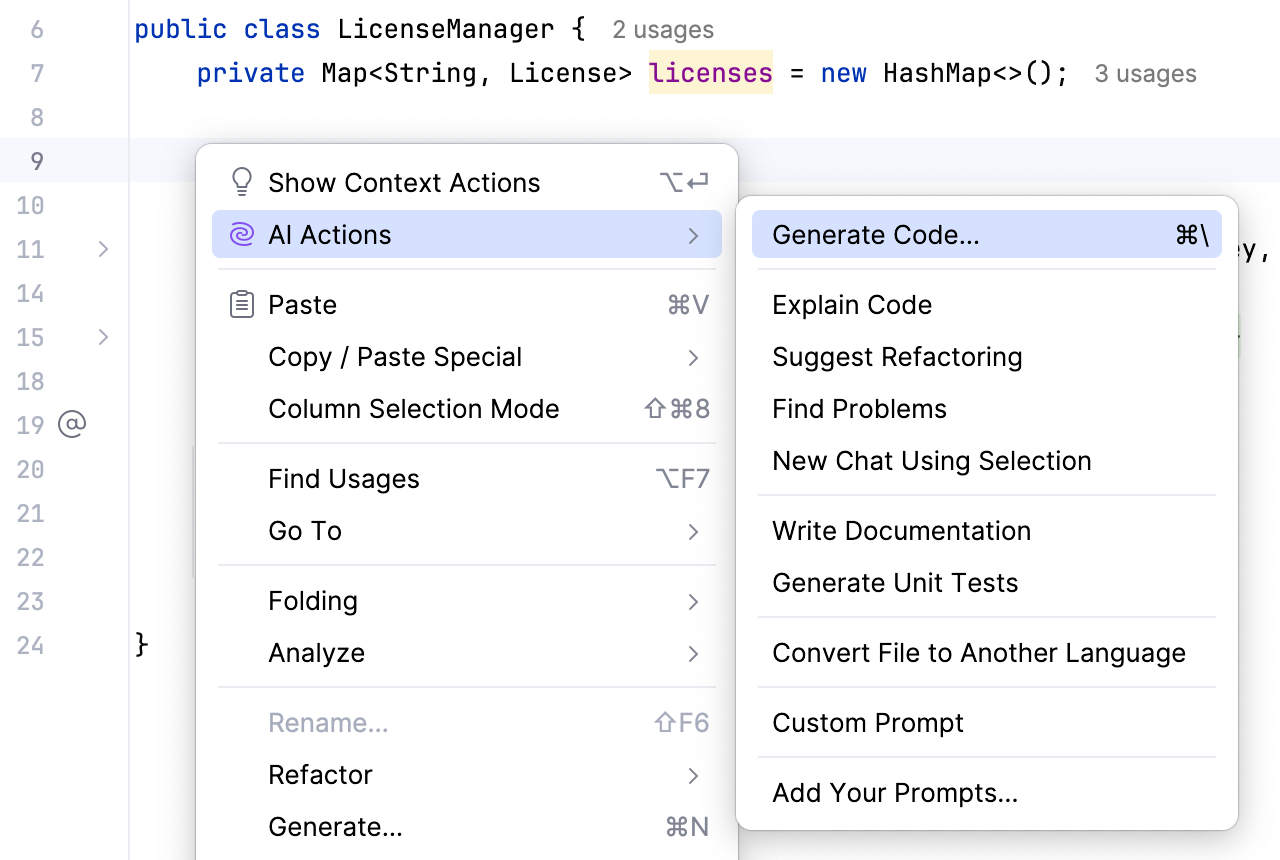 Open the AI Actions menu and select the Generate Code option Open the AI Actions menu and select the Generate Code option