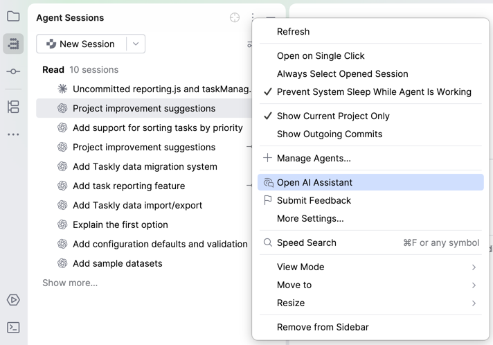 Options menu of the Agent Sessions tool window with the Open AI Assistant option selected
