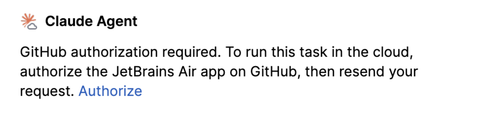 A prompt in AI Chat asking to authorize the JetBrains Air app on GitHub before running a task in the cloud
