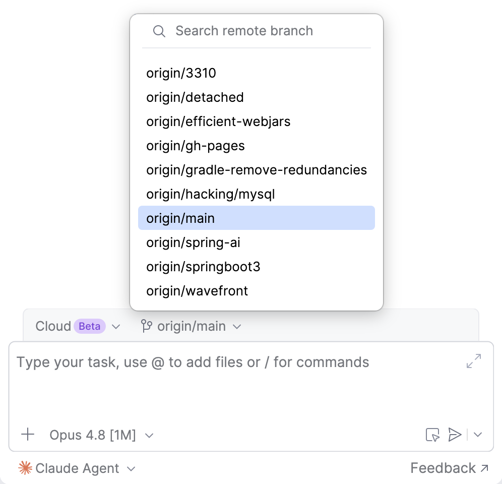The remote branch selector in AI Chat, listing origin branches for a cloud agent to work on