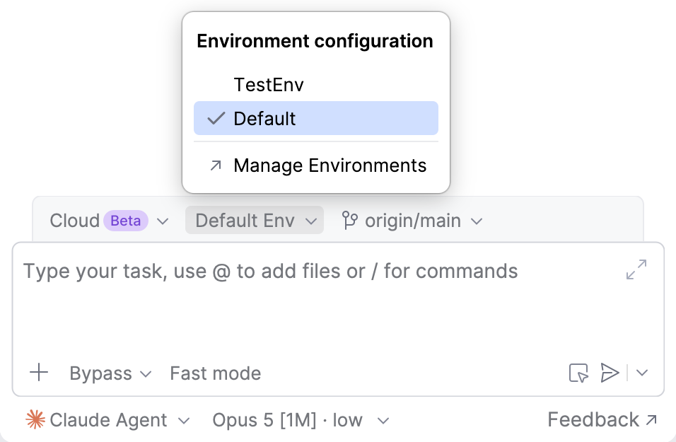 The environment configuration selector in AI Chat