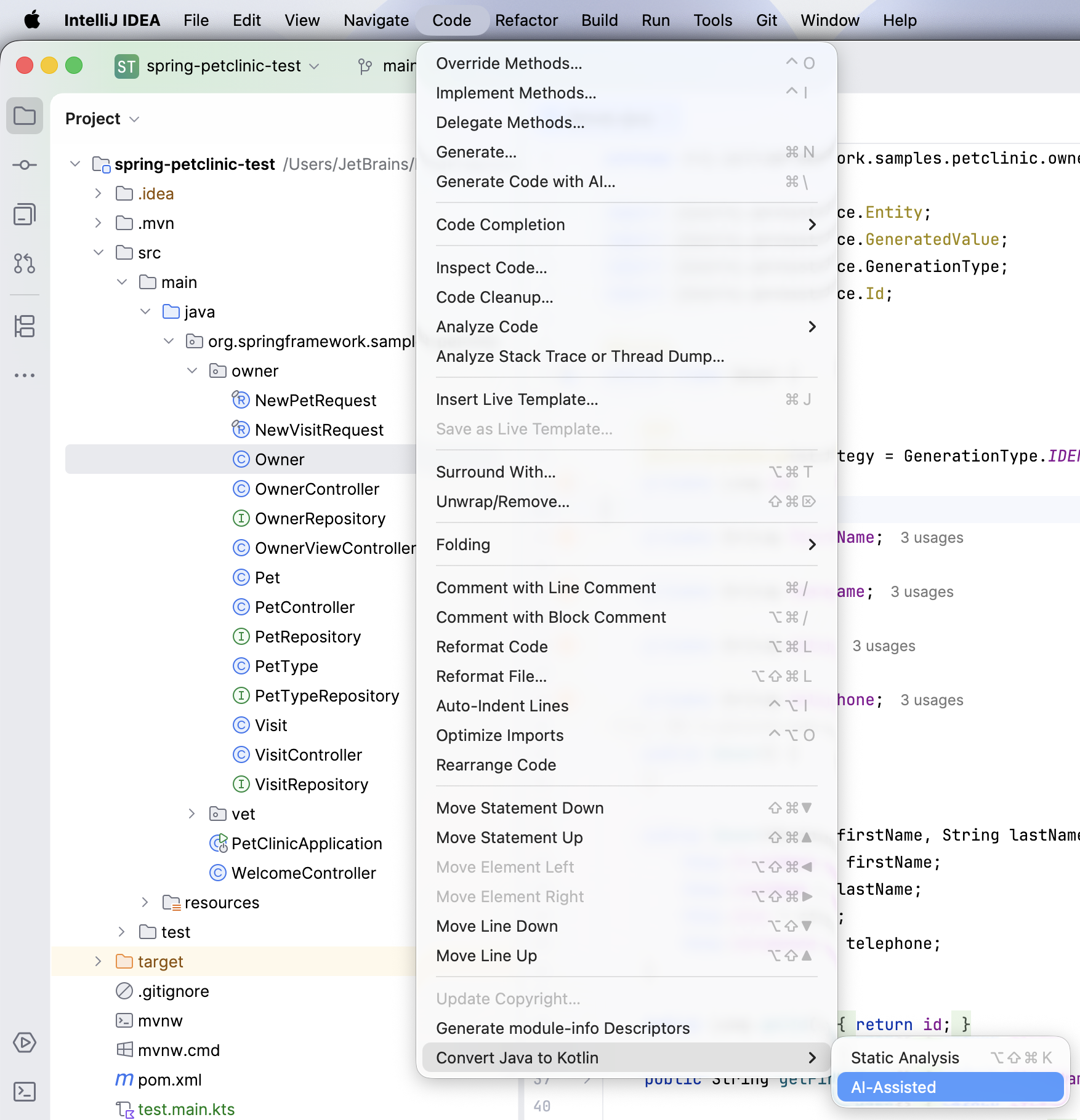 Convert Java to Kotlin submenu with the AI-Assisted option in the Code menu Convert Java to Kotlin submenu with the AI-Assisted option in the Code menu