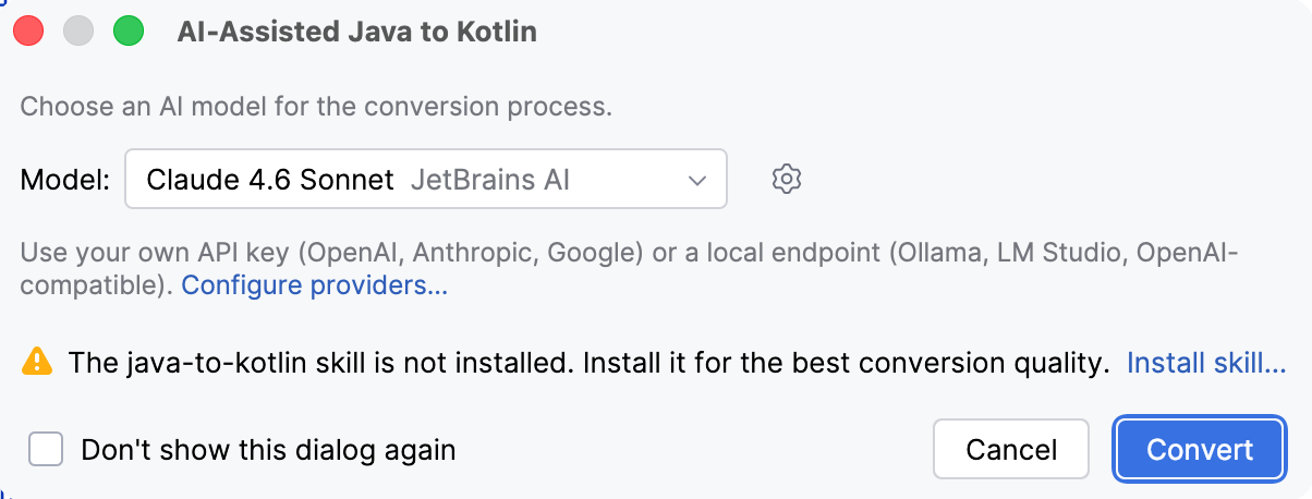 AI-Assisted Java to Kotlin dialog AI-Assisted Java to Kotlin dialog