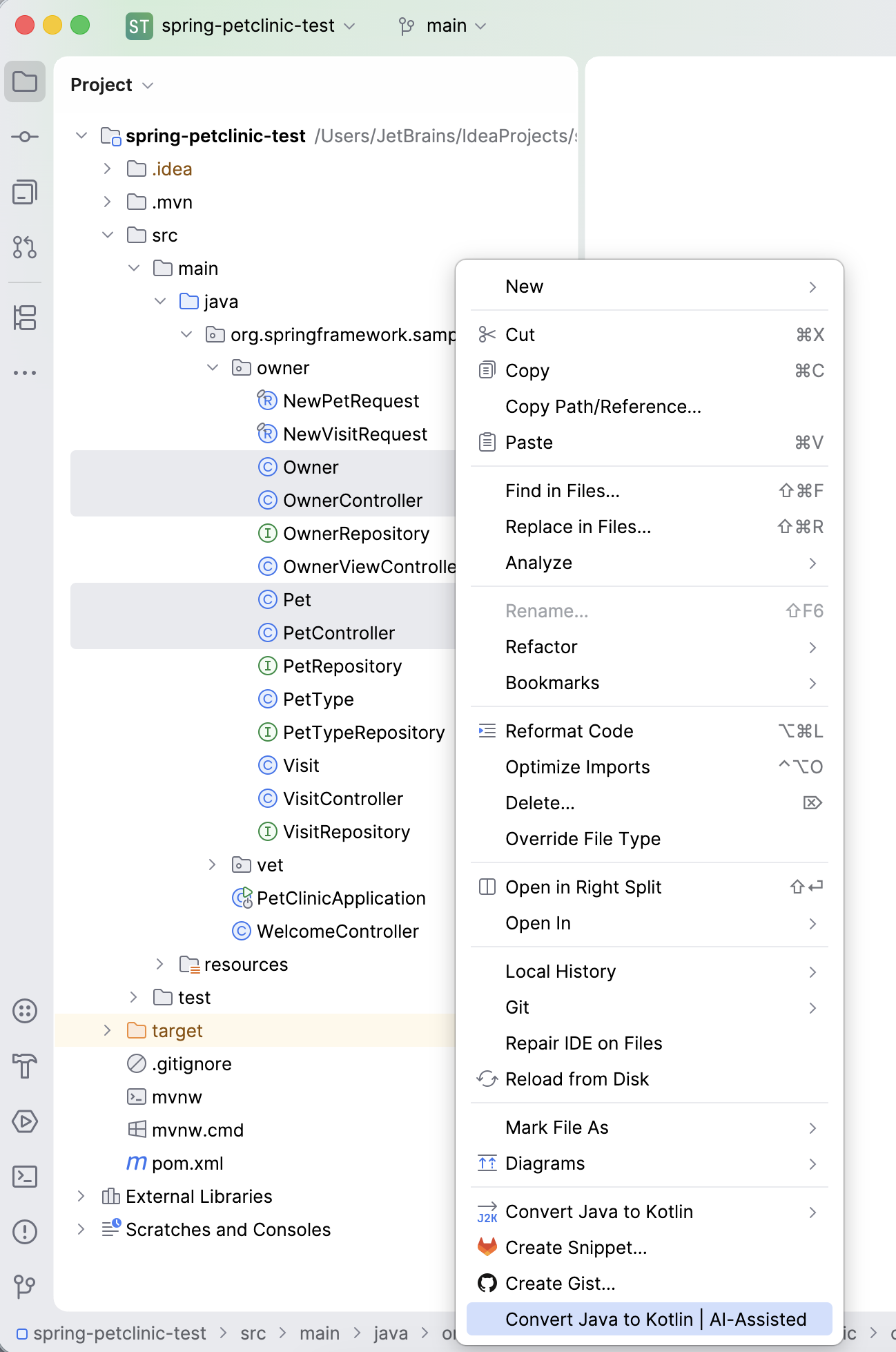 Project tool window with several Java files selected and the Convert Java to Kotlin AI-Assisted option in the context menu Project tool window with several Java files selected and the Convert Java to Kotlin AI-Assisted option in the context menu