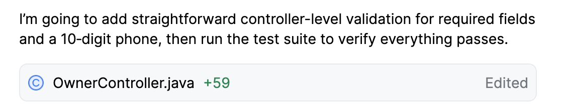 Junie が提案するファイル変更内容を確認するために diff を開く Junie が提案するファイル変更内容を確認するために diff を開く