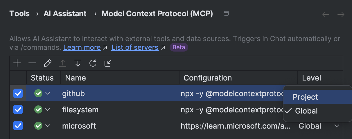 Change the MCP server level Change the MCP server level