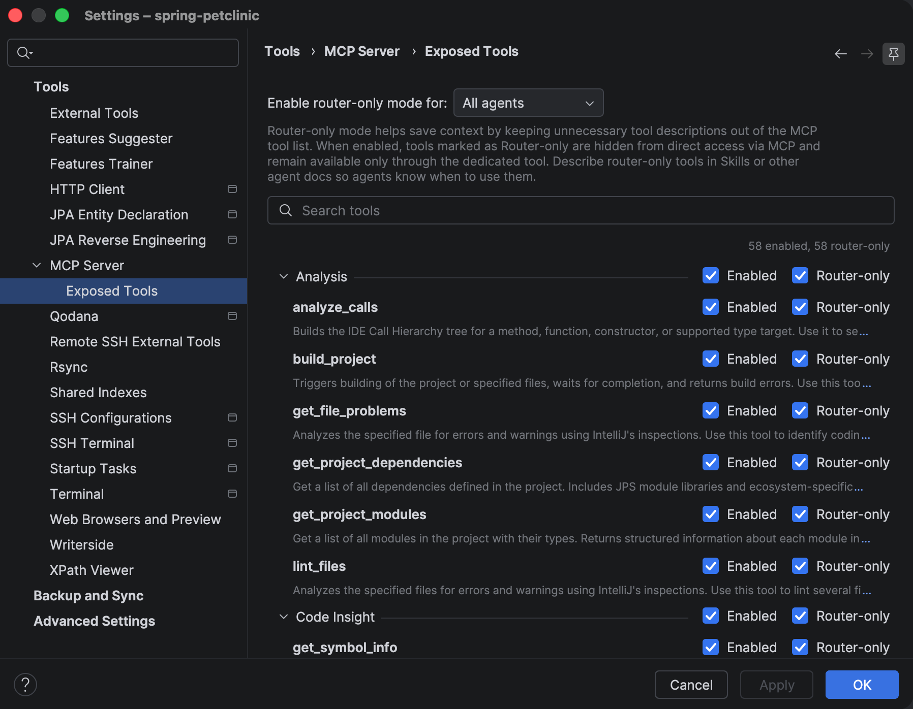 The Exposed Tools settings page The Exposed Tools settings page
