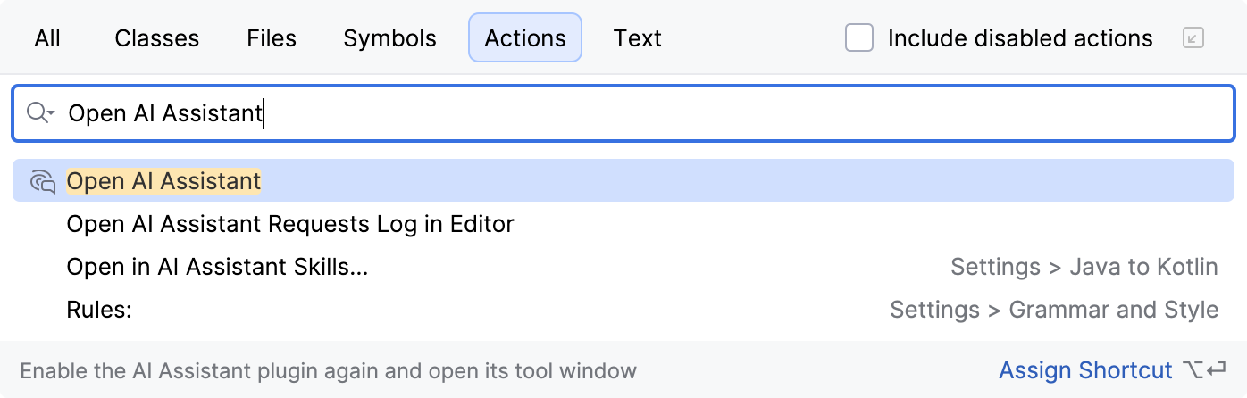 Search Everywhere dialog on the Actions tab with Open AI Assistant entered in the search field and the matching action selected