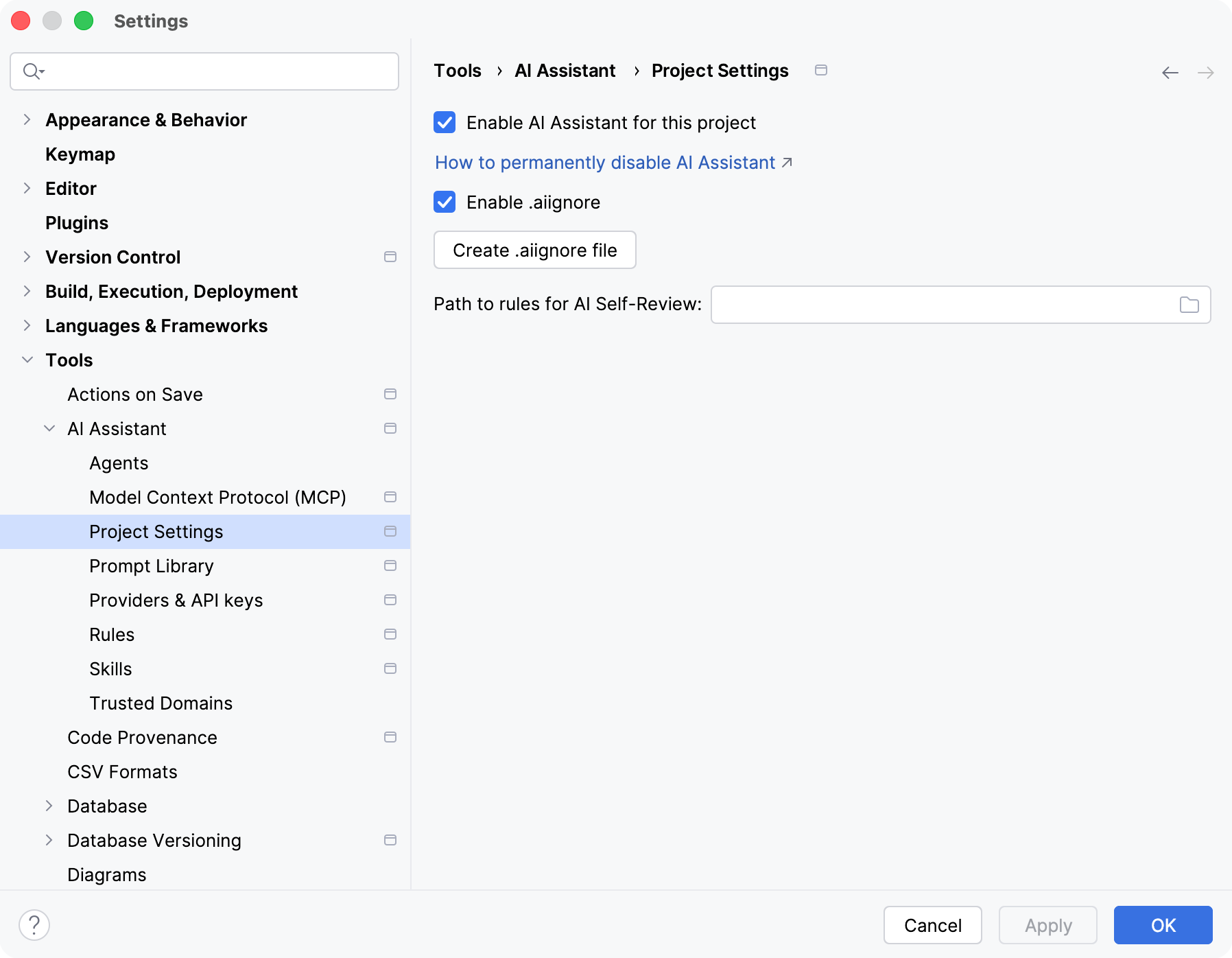AI Assistant project settings AI Assistant project settings