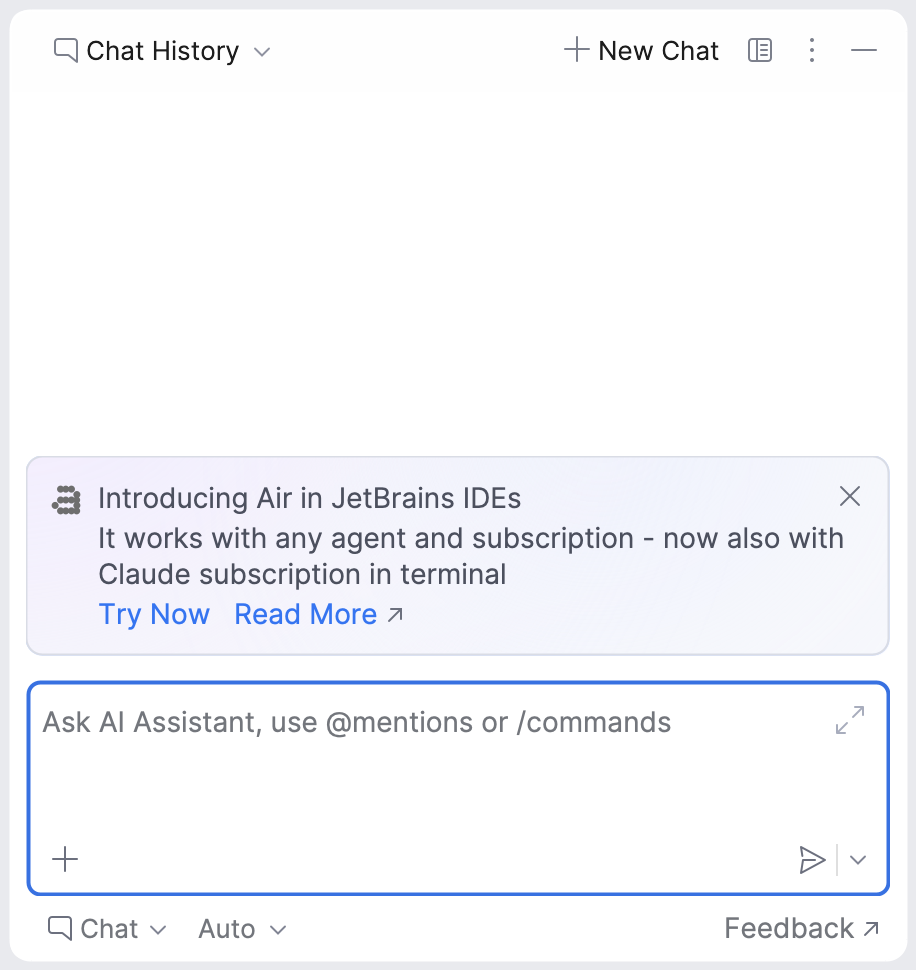 AI Chat tool window with the Introducing Air in JetBrains IDEs banner and the Try Now link displayed above the prompt field