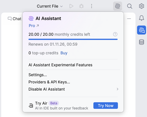 JetBrains AI widget popup with the Try Air section and the Try Now button displayed below the AI Assistant options