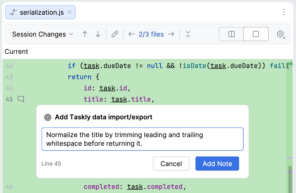 Diff viewer with a note popup on line 45 of the session changes, showing the typed note text and the Cancel and Add Note buttons.