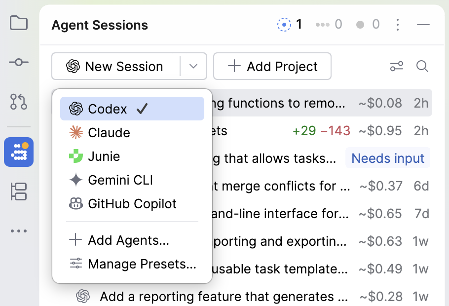 Agent Sessions tool window with the list next to New Session expanded, showing the available presets with the current one selected.