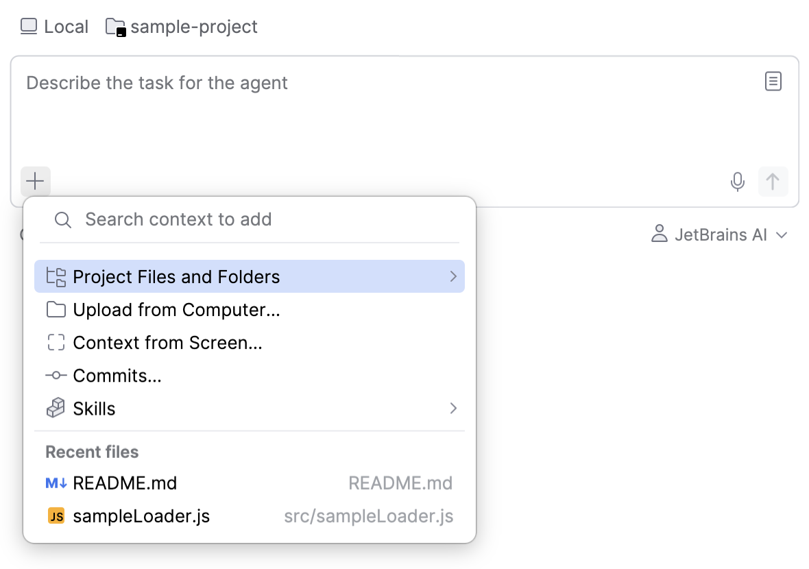Context picker listing Project Files and Folders, Upload from Computer, Context from Screen, Commits, and Skills, plus a list of recent files.