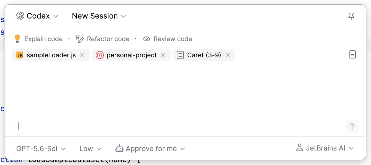 Global prompt with the preset list, quick action suggestions, attached code context, and a text field for the request.