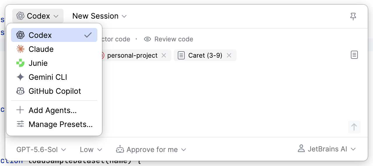 Global prompt with the preset list open, listing the available presets and the Add Agents and Manage Presets actions.