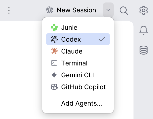 Agent widget menu in the main toolbar listing the presets and agent defaults available for a new session, and the Add Agents item.