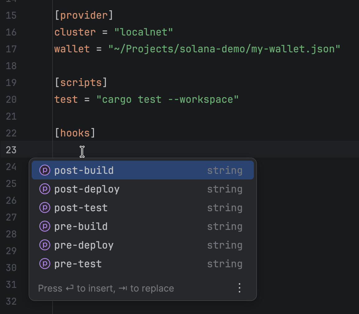 Anchor.toml completion for supported hook properties