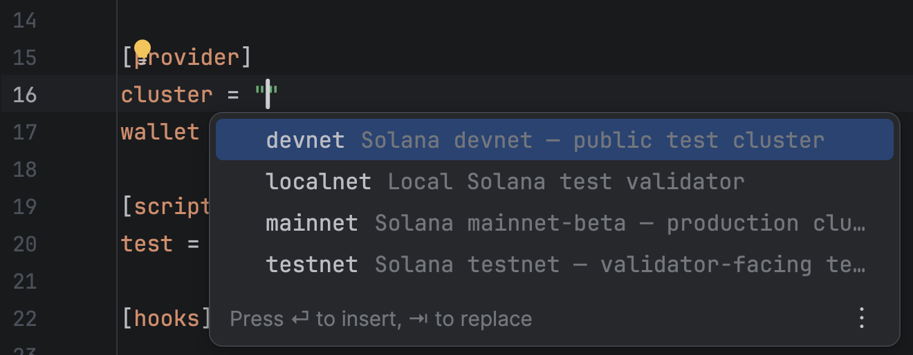 Anchor.toml completion for standard Solana cluster values