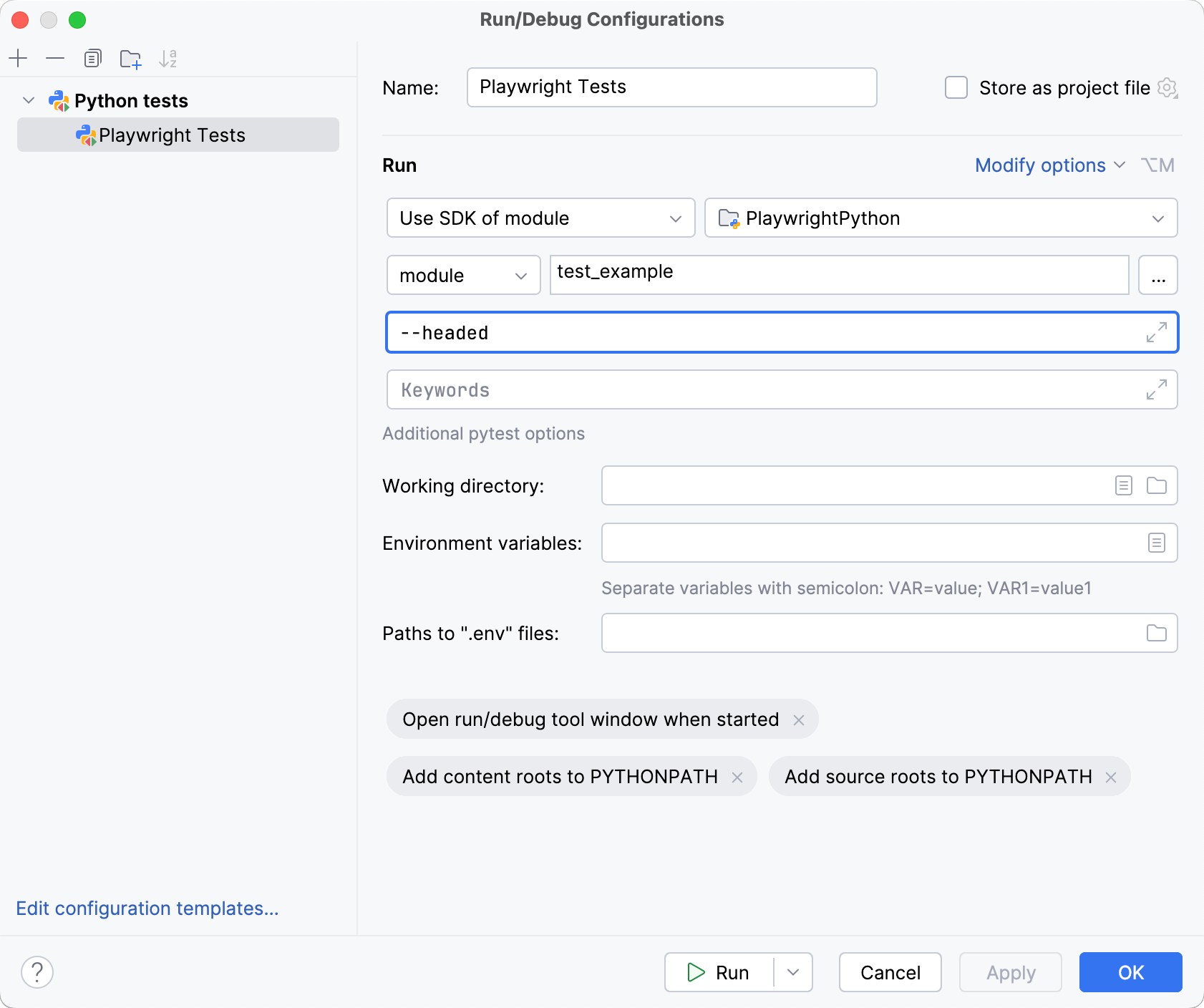 Configuring run/debug configuration to run tests in headed mode Configuring run/debug configuration to run tests in headed mode