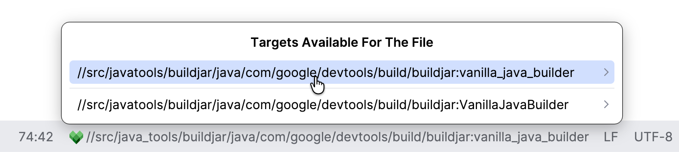 The Bazel file targets widget in the status bar The Bazel file targets widget in the status bar