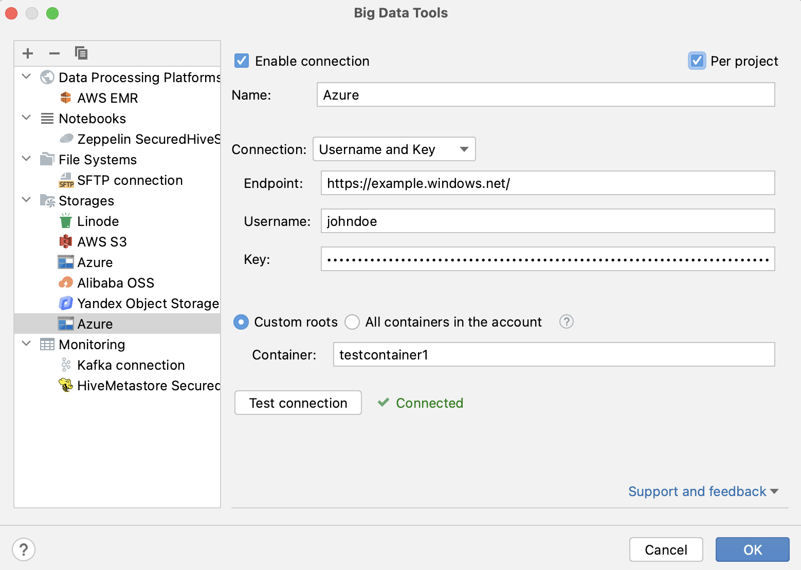 Connection settings for Azure Storage Connection settings for Azure Storage