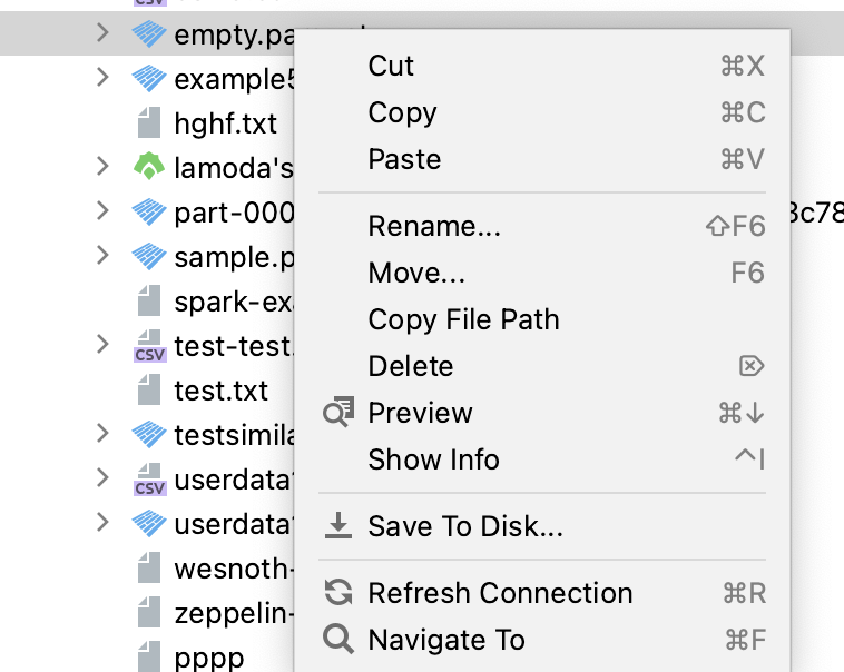 Context menu to work with the data files Context menu to work with the data files