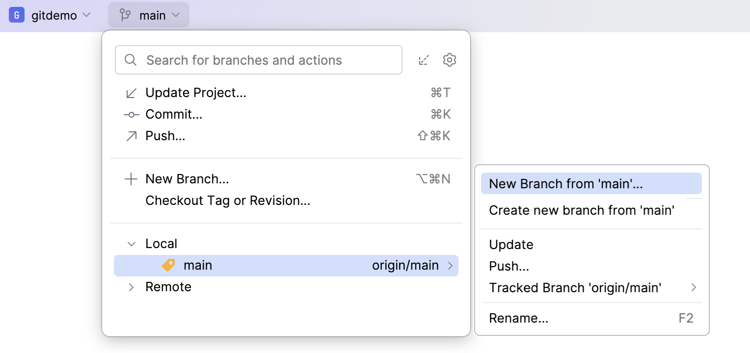 Git branch menu