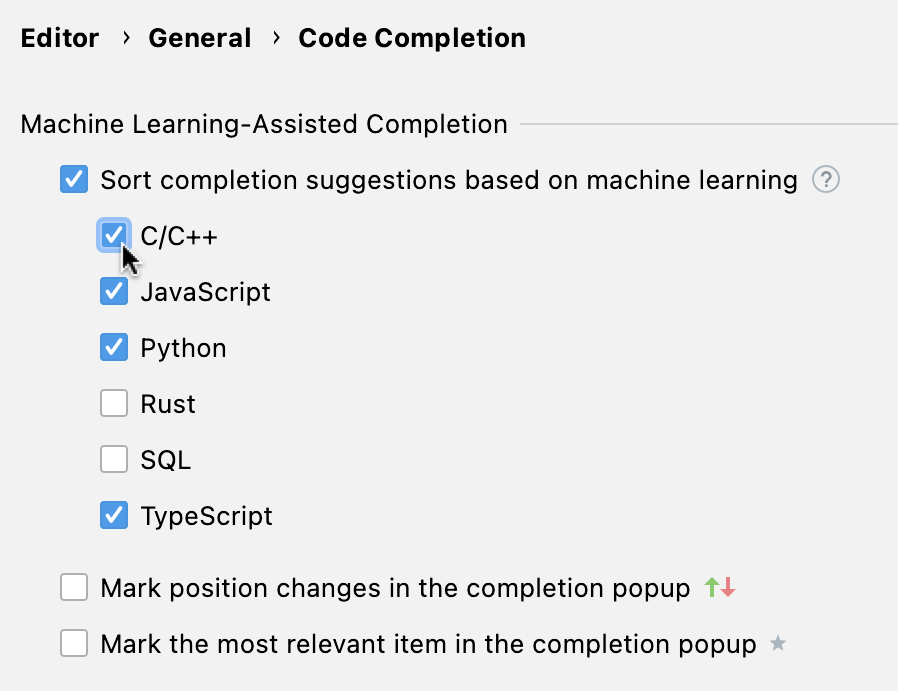 ML-assisted completion settings ML-assisted completion settings