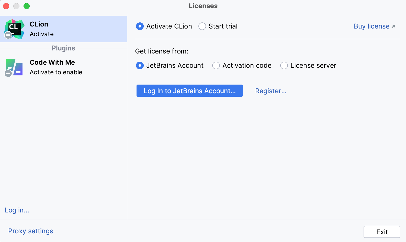 使用 JB 帐号激活 CLion 许可证 使用 JB 帐号激活 CLion 许可证