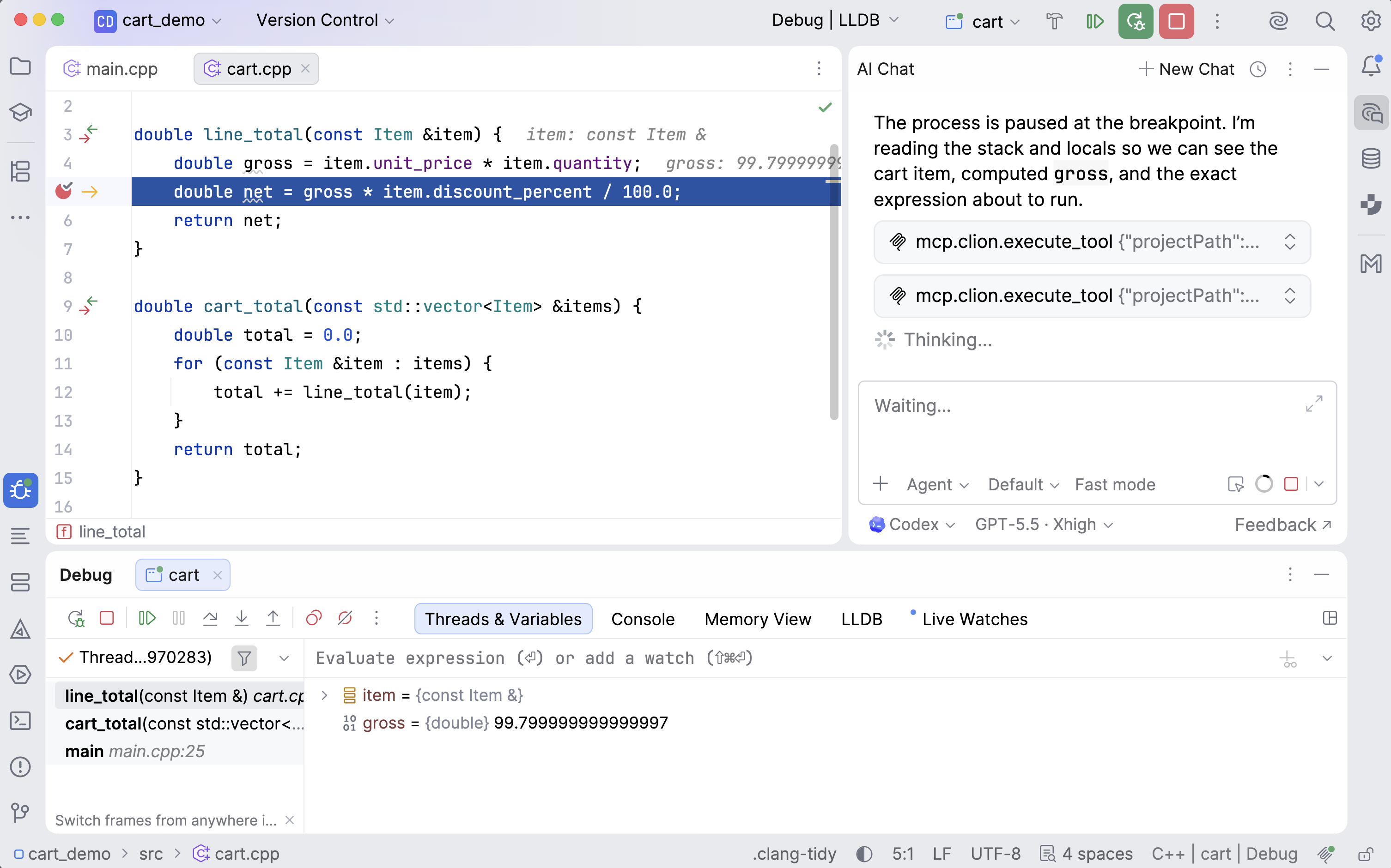 CLion paused at a breakpoint in line_total(), with the Debug tool window showing the call stack and the gross and net variable values CLion paused at a breakpoint in line_total(), with the Debug tool window showing the call stack and the gross and net variable values