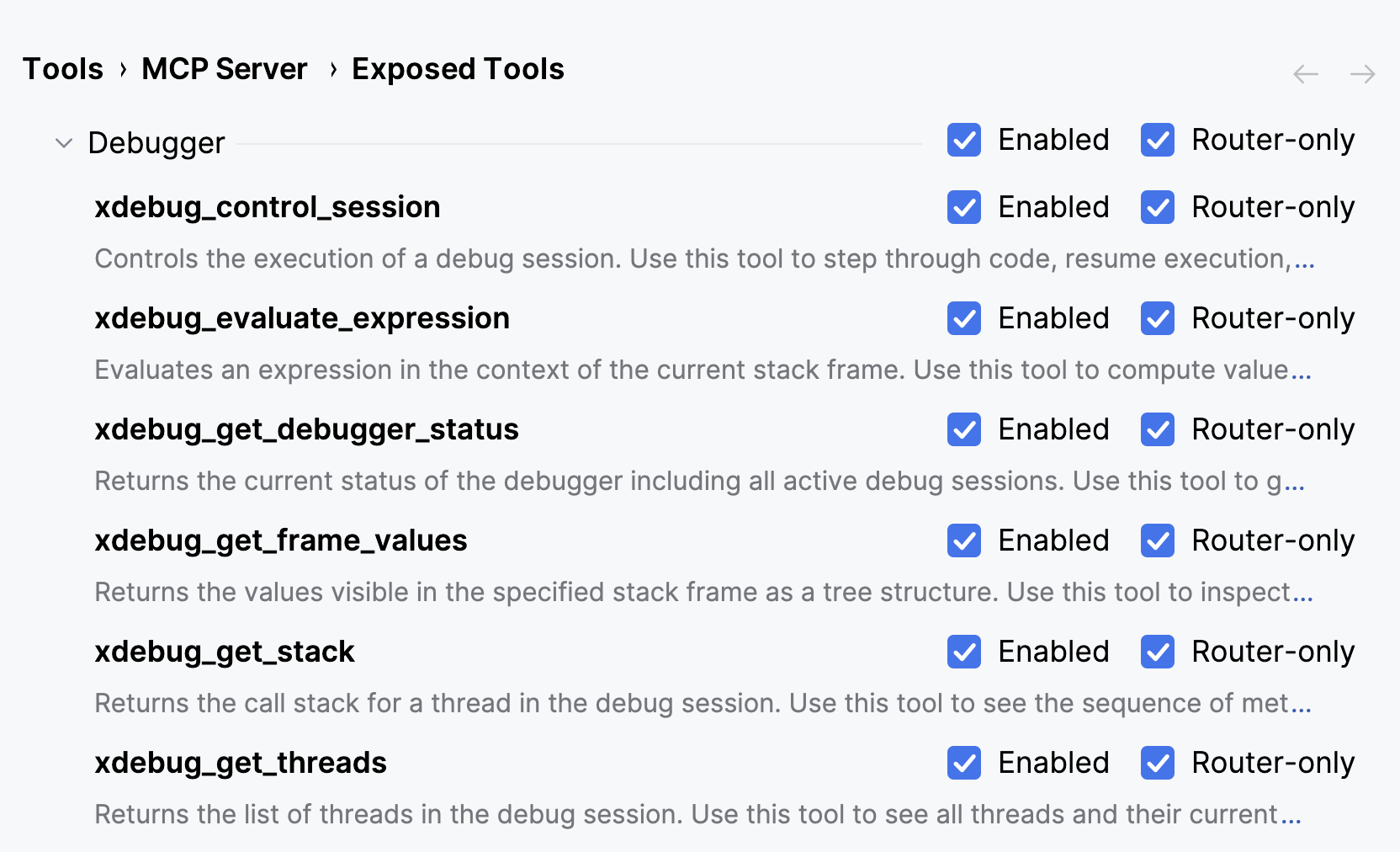 Exposed Tools settings for MCP Server showing debugger tools with Enabled and Router-only checkboxes selected in CLion. Exposed Tools settings for MCP Server showing debugger tools with Enabled and Router-only checkboxes selected in CLion.