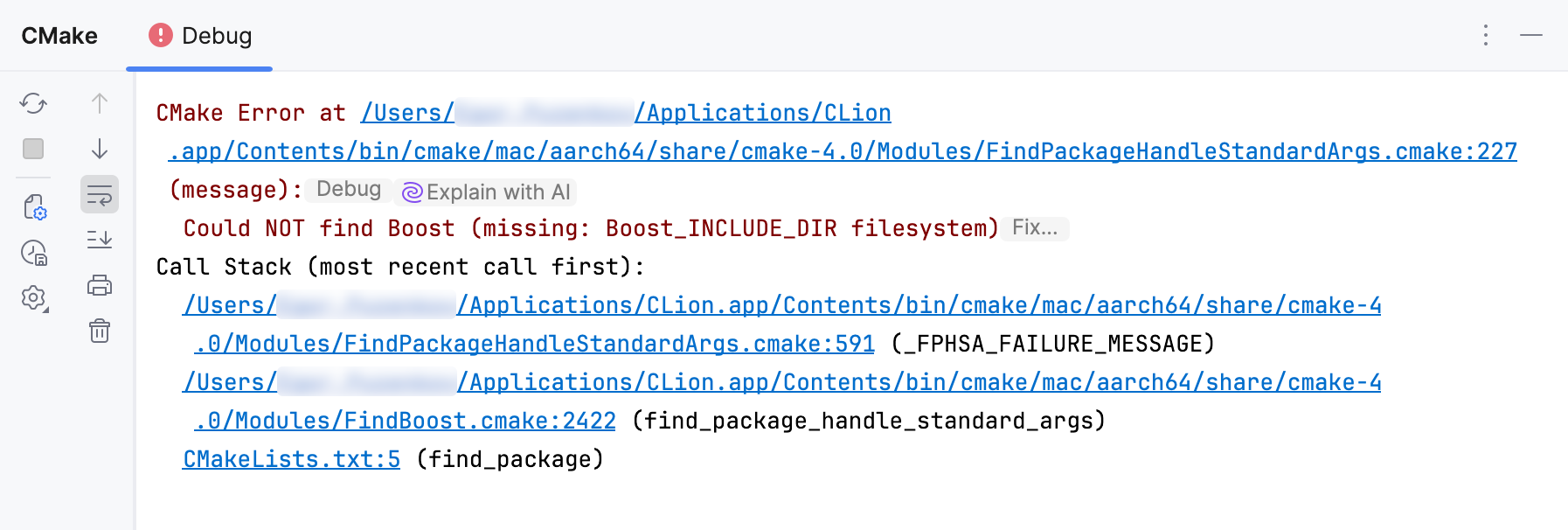 Explain with AI for CMake errors Explain with AI for CMake errors