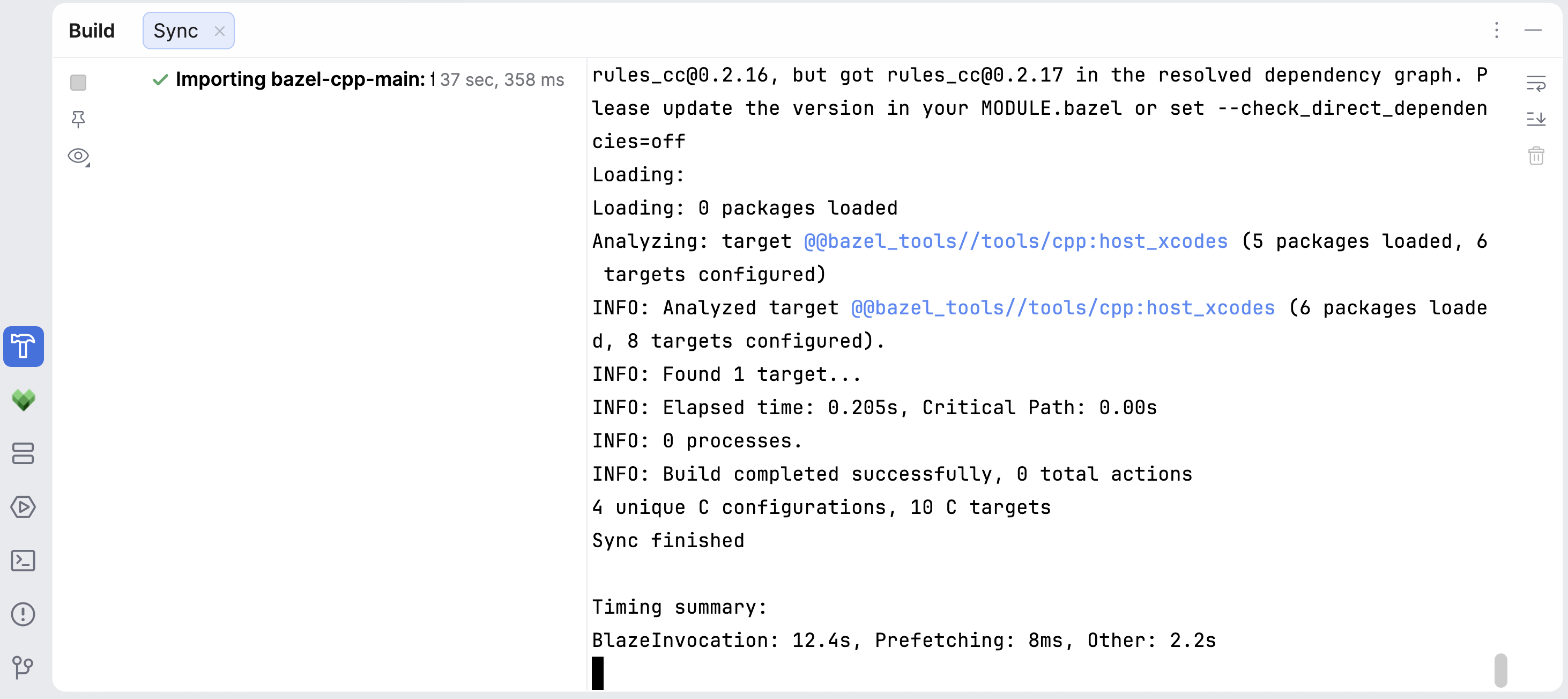 The Build tool window in the process of a Bazel project sync