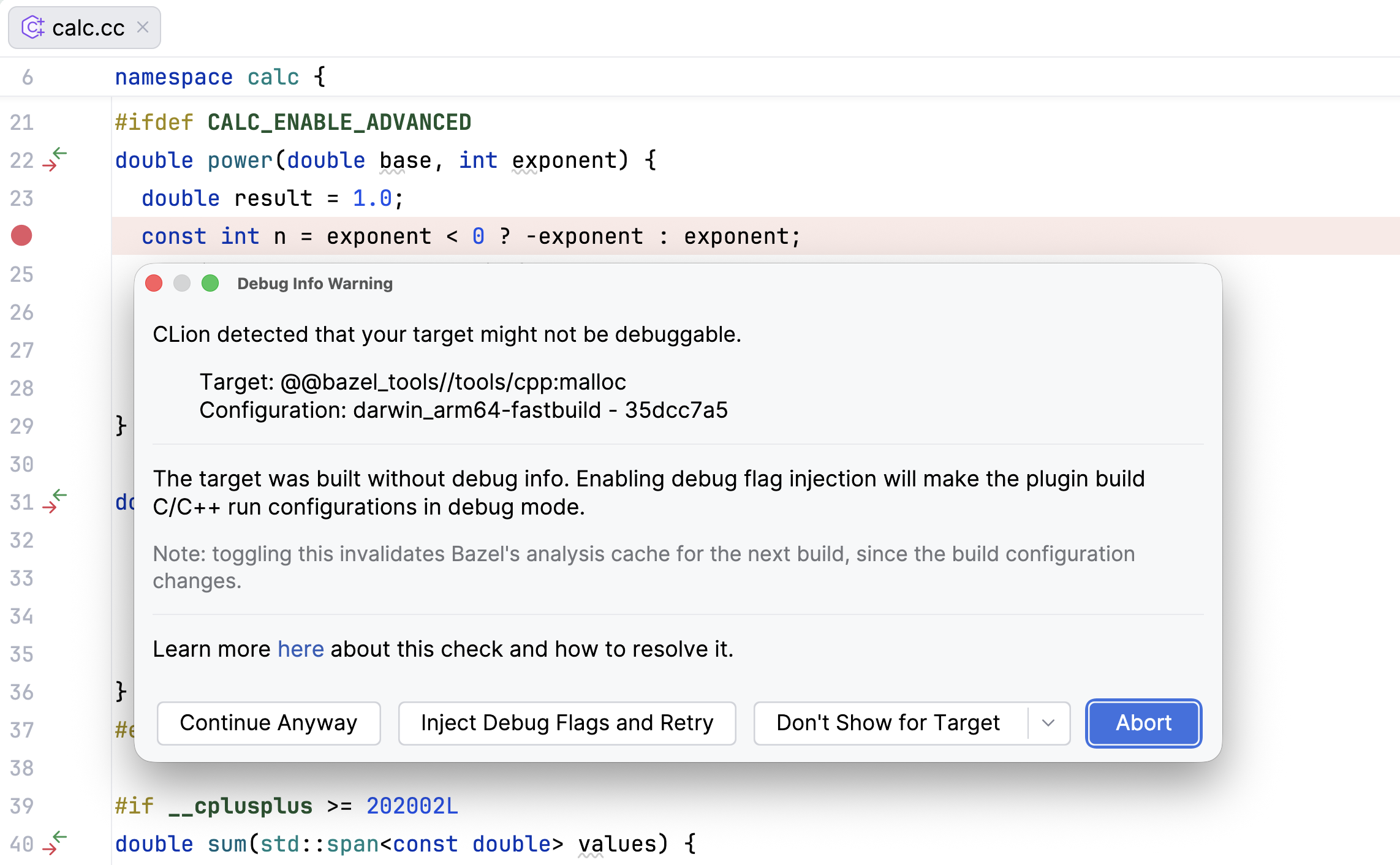 A Debug Info Warning dialog that appears after launching a session