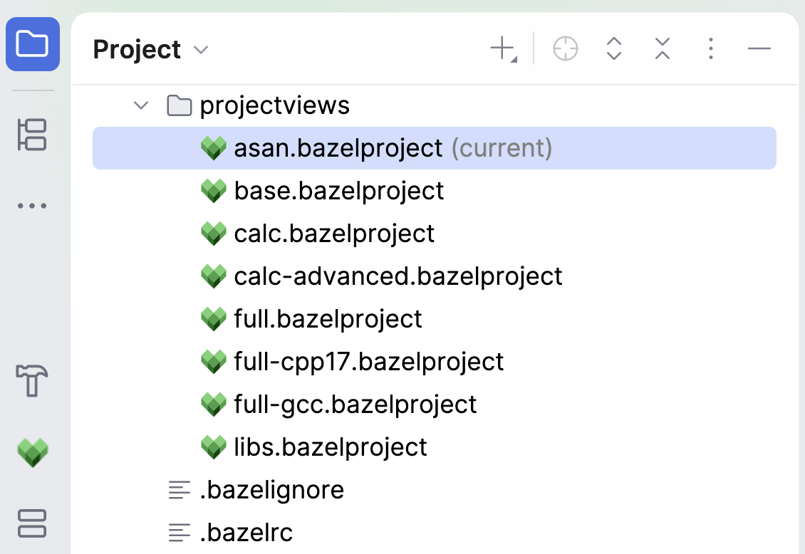 An active .bazelproject file marked as current in the Project tool window