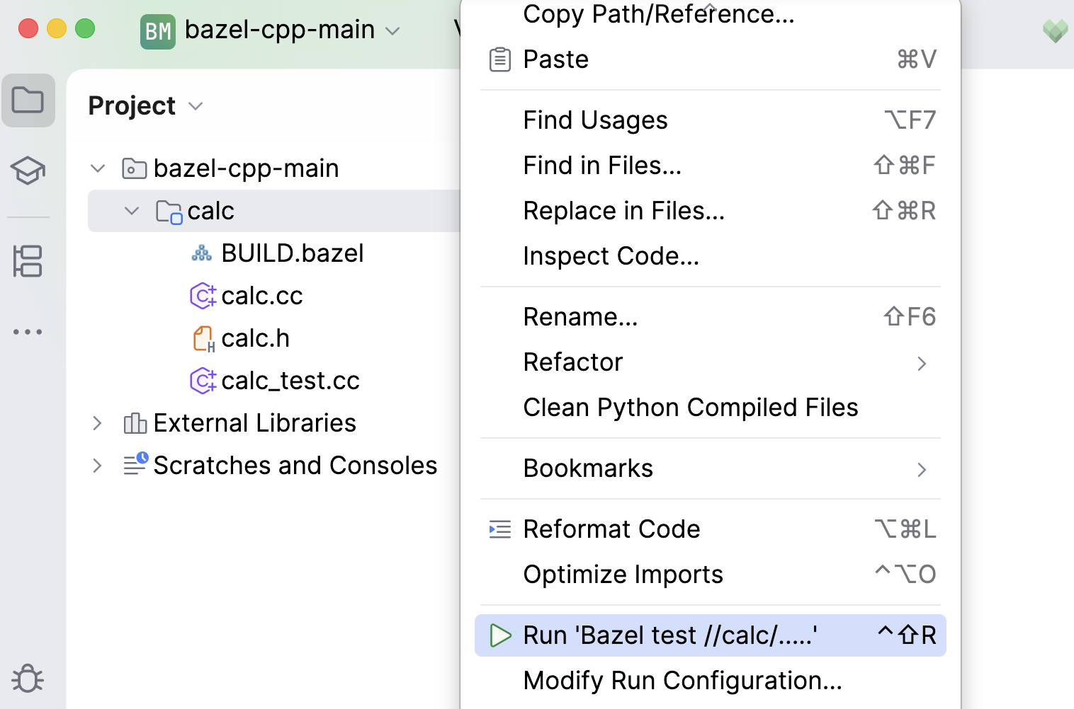 The context menu of a directory in the Project tool window with the Run action for the corresponding Bazel test target
