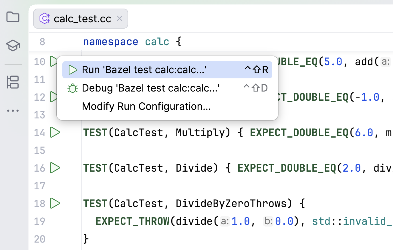 A C++ test file in the editor with the gutter menu open next to a TEST macro and the Run action for a Bazel test target