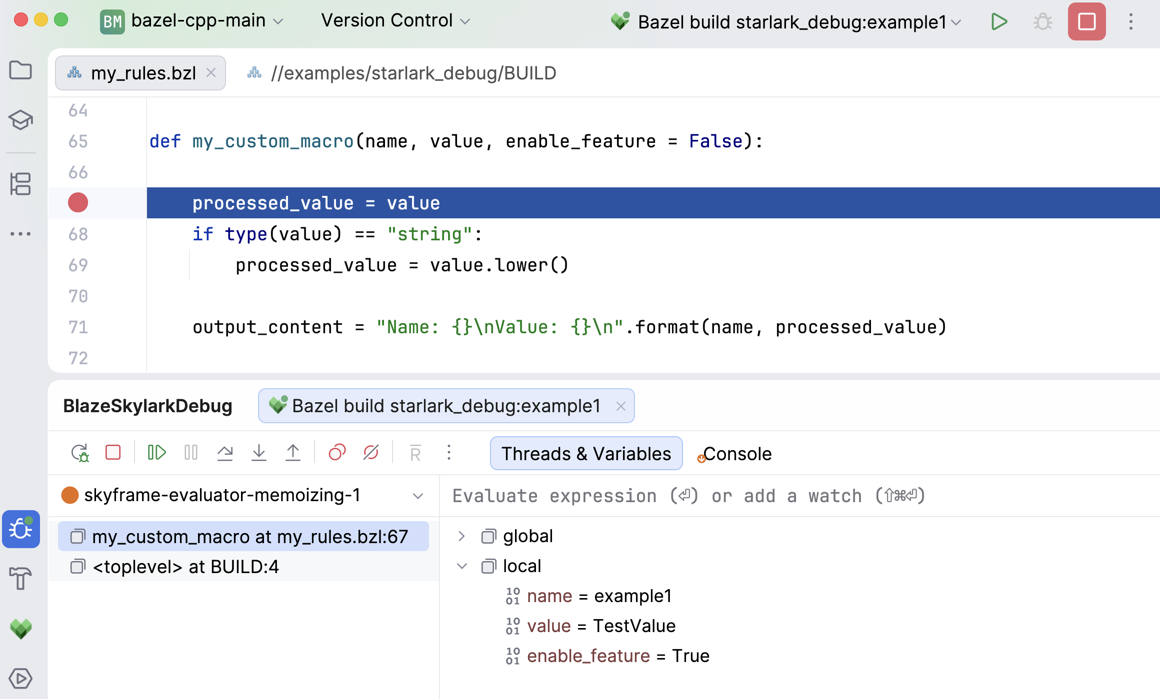 A suspended Starlark debug session with the stopped line in a .bzl file and the local variables in the debug tool window