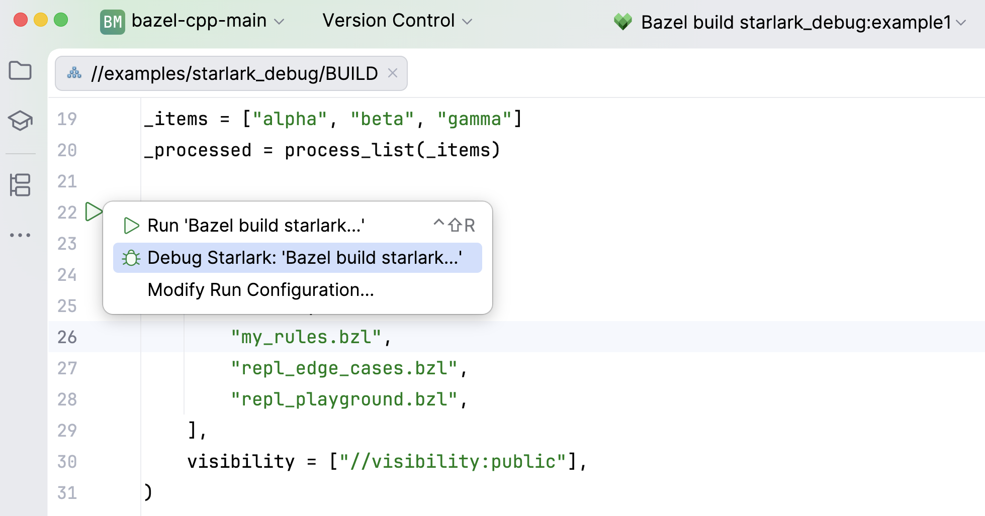 A BUILD file in the editor with the gutter menu open and the Debug Starlark action selected for a Bazel target