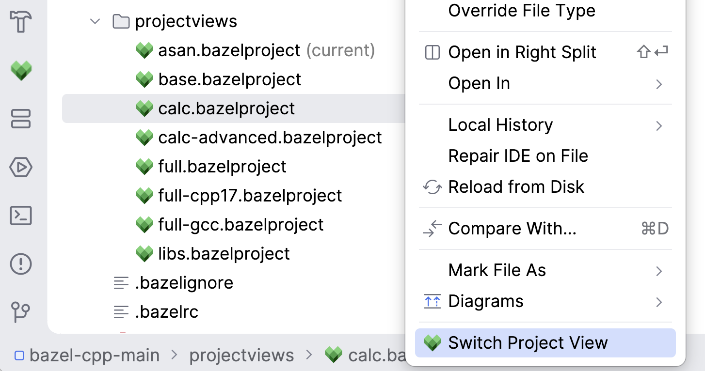 Switching the active project view in the Project tool window
