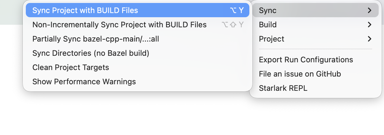 The Bazel | Sync submenu in the main menu, listing the sync modes available for a CLion Bazel project