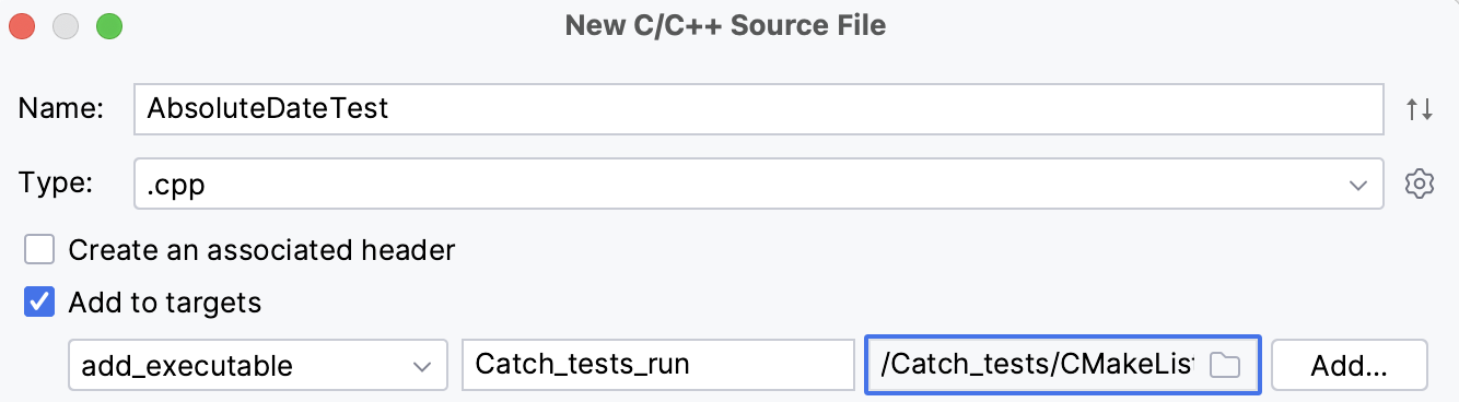 Settings for the Catch tests target Settings for the Catch tests target