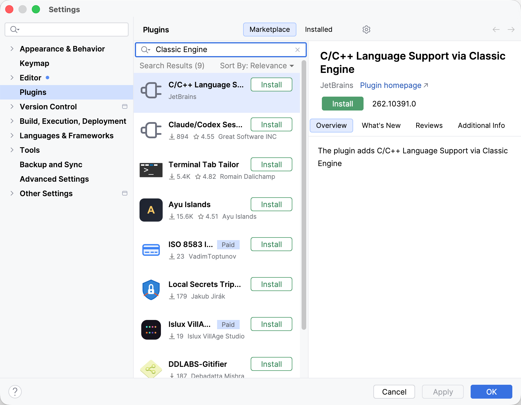 Plugins page of the Settings dialog with the Marketplace tab open and the C/C++ Language Support via Classic Engine plugin selected.