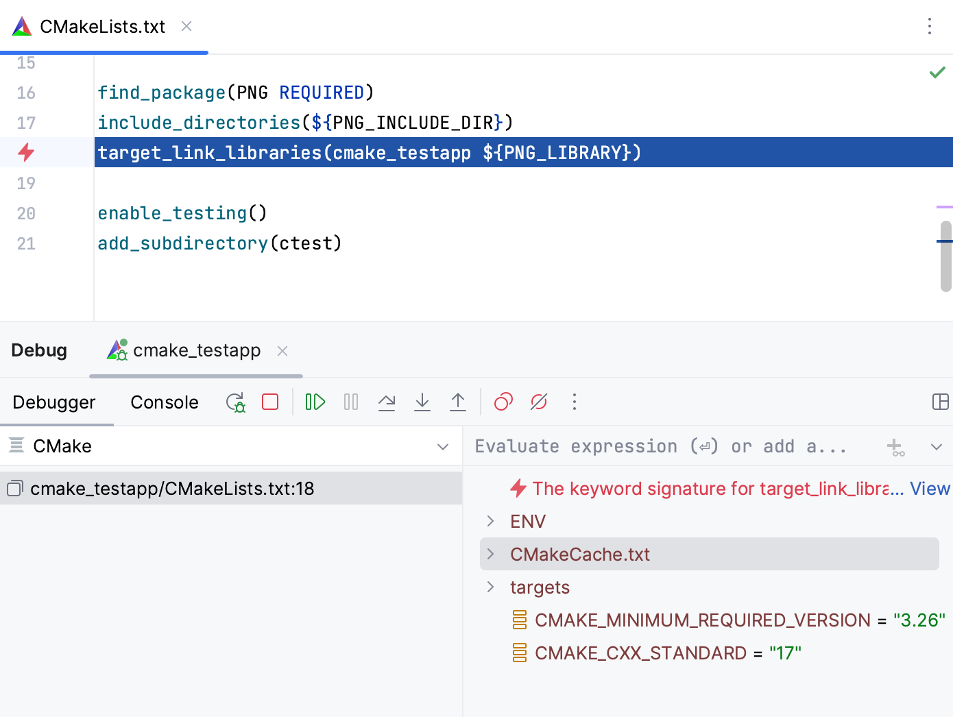 从 CMake 工具窗口启动的调试会话 从 CMake 工具窗口启动的调试会话