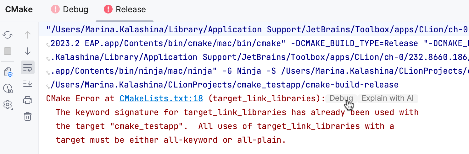 CMake 工具窗口中的调试提示