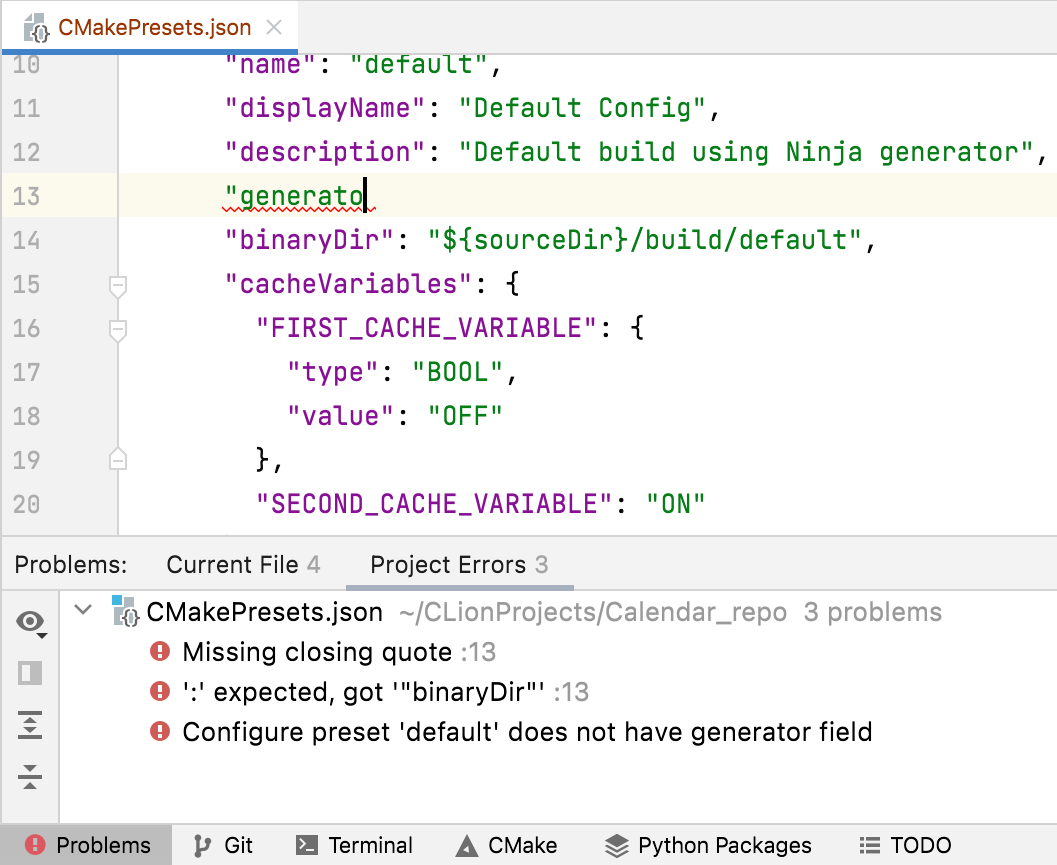 CMake 预设错误报告 CMake 预设错误报告